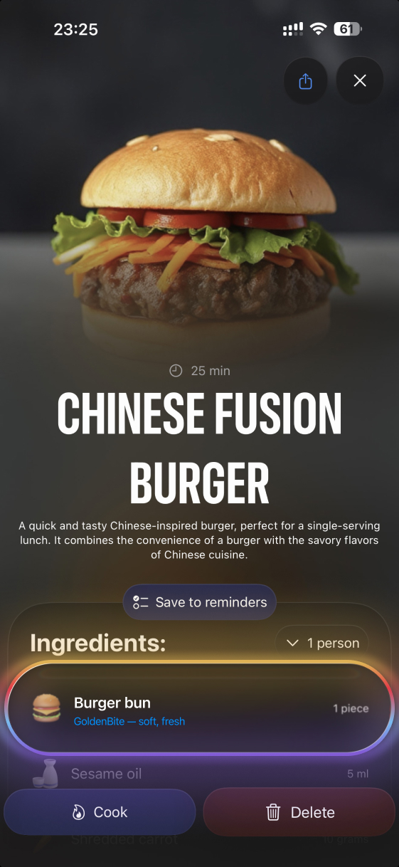 Mobile app interface showing a recipe card