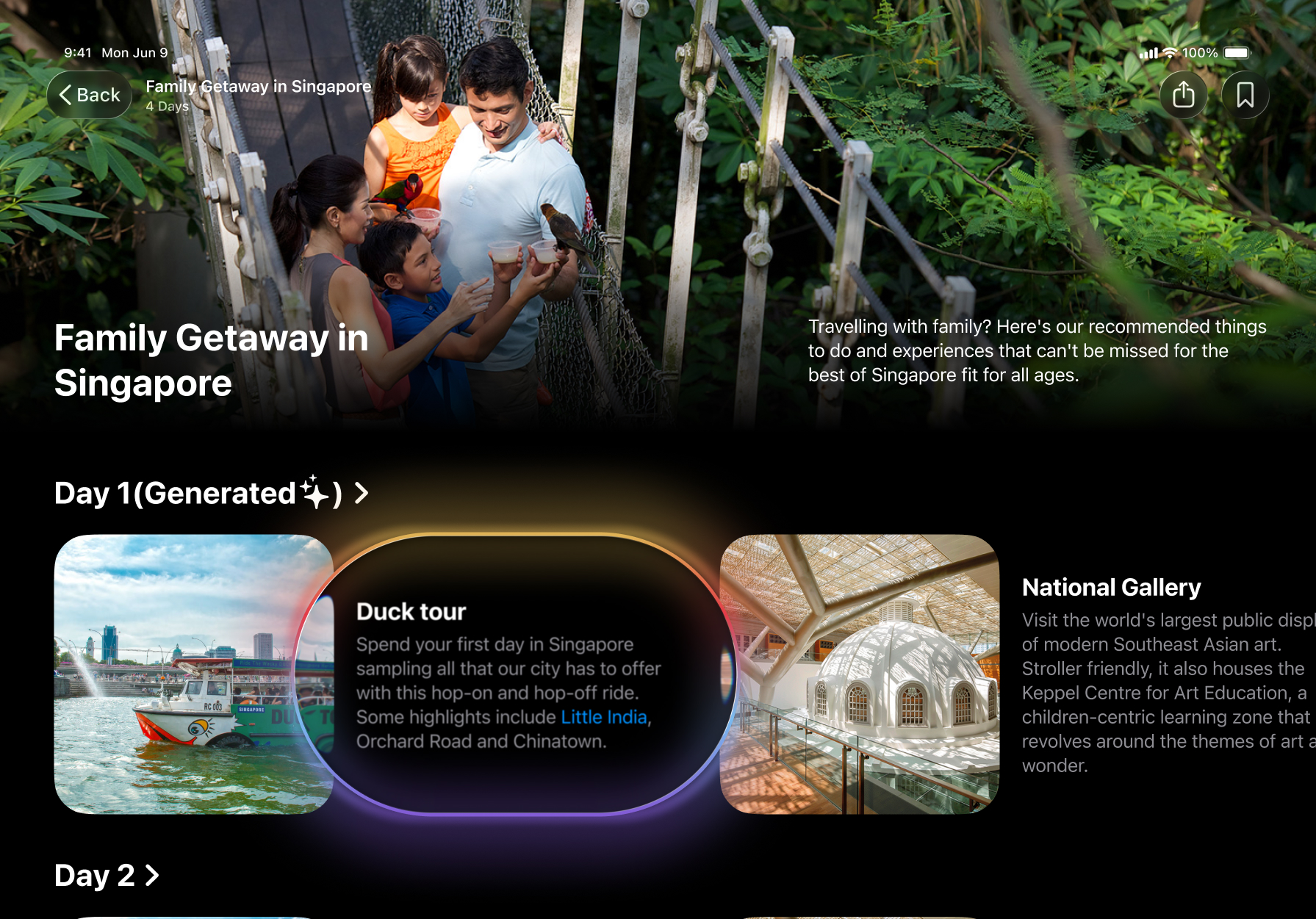 Tablet itinerary UI showcasing family getaway recommendations